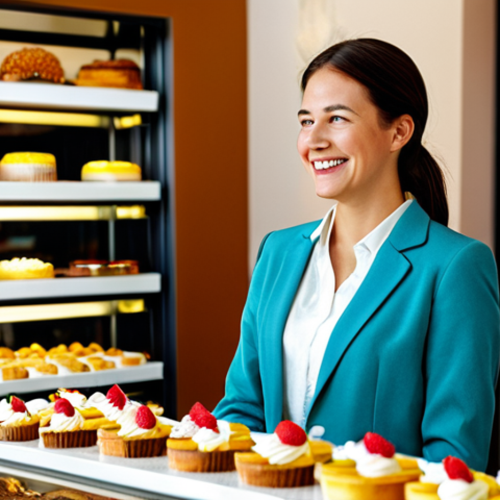 Aspiring Dessert Professional**

"A woman in her late 20s, wearing a smart casual outfit (blazer, blouse, skirt), smiling confidently while looking at a beautifully decorated dessert display in a brightly lit patisserie, fully clothed, appropriate attire, safe for work, perfect anatomy, natural proportions, professional photography, high quality, family-friendly."

**