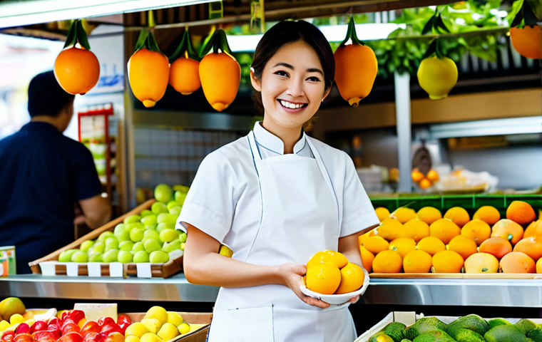 디저트 전문가의 전문성 유지 비결 - Market Inspiration**

"A brightly lit Japanese marketplace stall overflowing with colorful seasonal ...