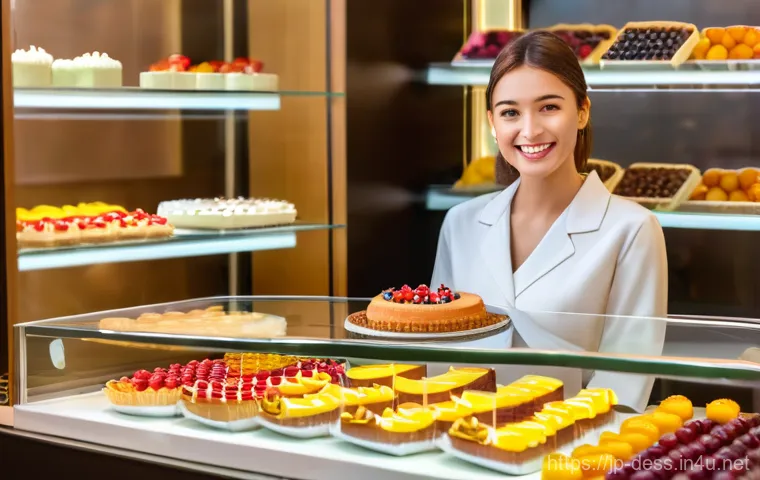 디저트 전문가와 신입 직원 교육 - A bright, clean professional kitchen with natural light. A young, enthusiastic female pastry apprent...