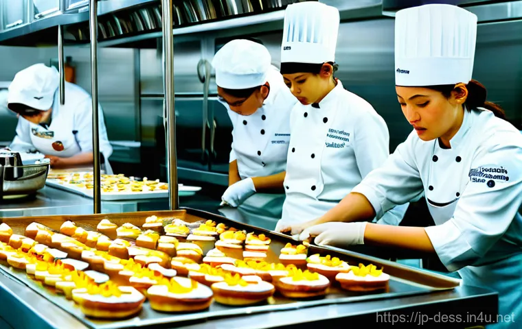 디저트 전문가와 신입 직원 교육 - An inviting, elegantly decorated patisserie shop with a wide display case filled with exquisite, col...