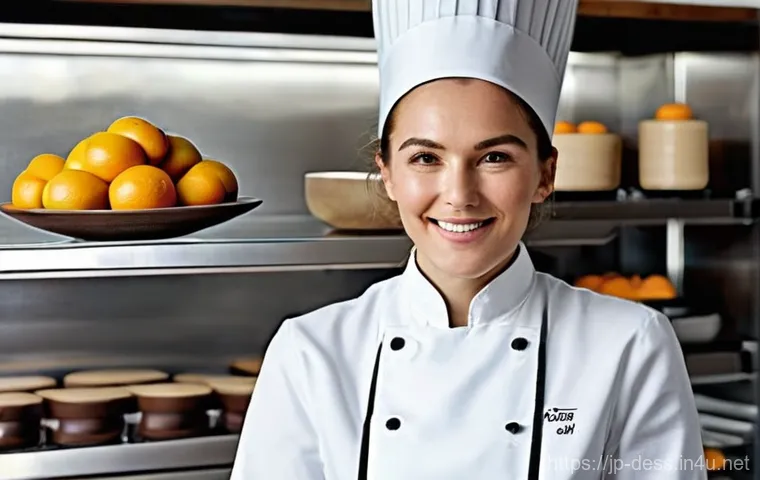 디저트 전문가의 직업 윤리와 책임감 - **A Patissier's Focused Craft in a Modern Traditional Kitchen:**
    A vibrant, medium shot of a fem...