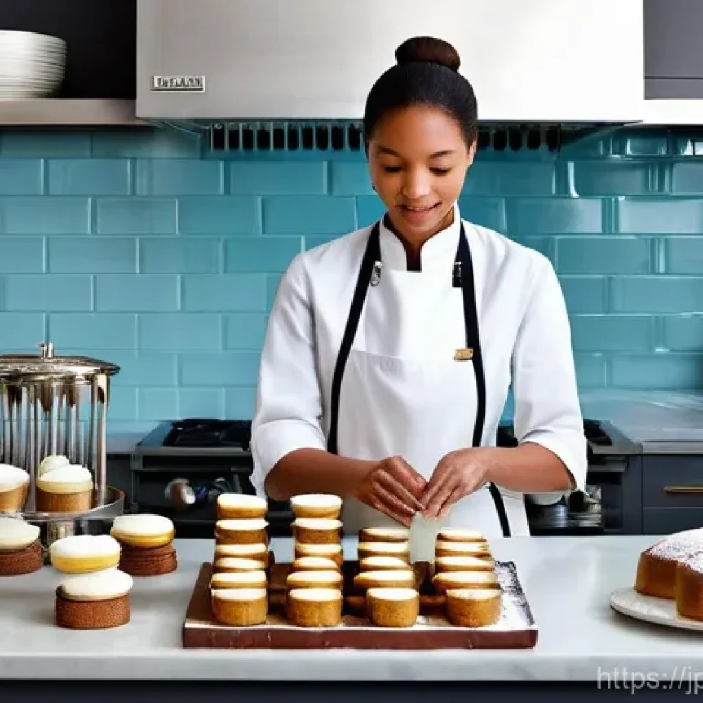 디저트 전문가 자격증 대비 주요 과목 - **Prompt: The Alchemist of Textures**
A focused dessert expert, a young woman in a clean chef's ...