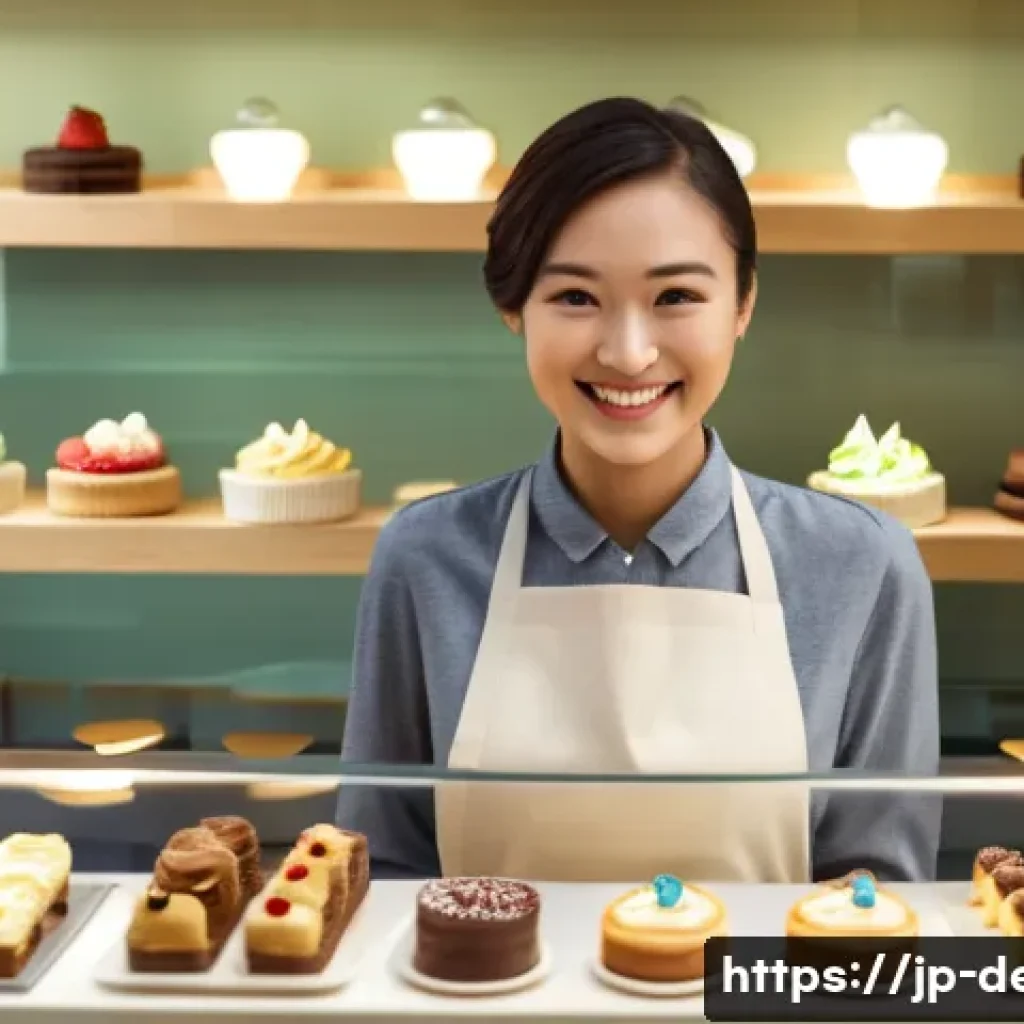 디저트 전문가의 비즈니스 에티켓 - A warm and inviting scene inside a chic dessert boutique. A cheerful female patisserie staff member,...