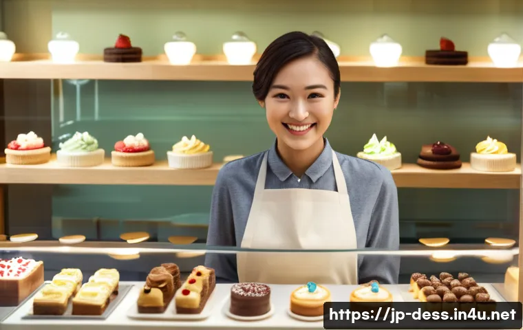 디저트 전문가의 비즈니스 에티켓 - A warm and inviting scene inside a chic dessert boutique. A cheerful female patisserie staff member,...