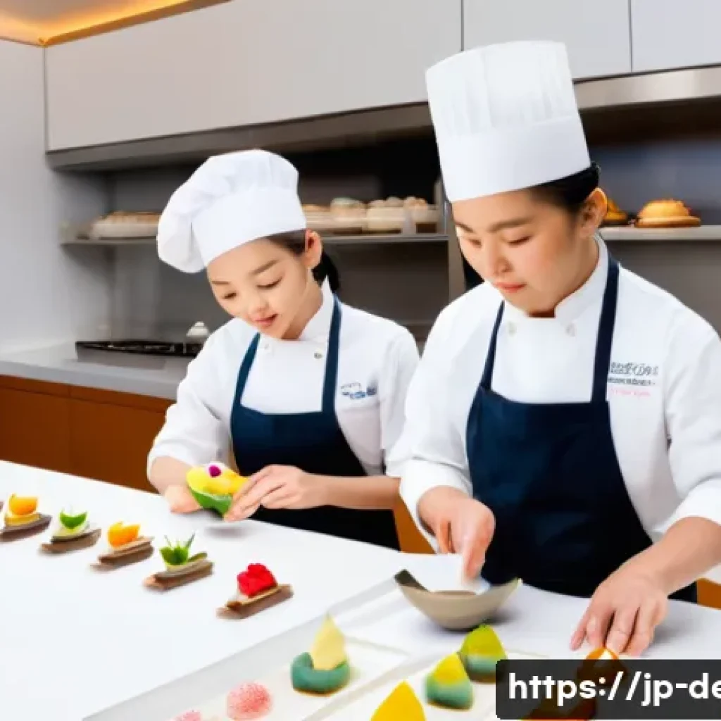 디저트 전문가의 사회적 역할 - A modern Japanese dessert workshop scene featuring a skilled pastry chef crafting a traditional and ...