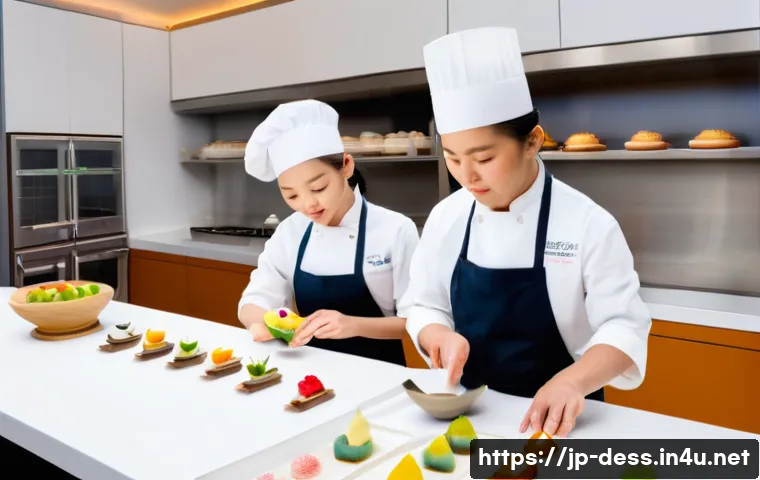 디저트 전문가의 사회적 역할 - A modern Japanese dessert workshop scene featuring a skilled pastry chef crafting a traditional and ...