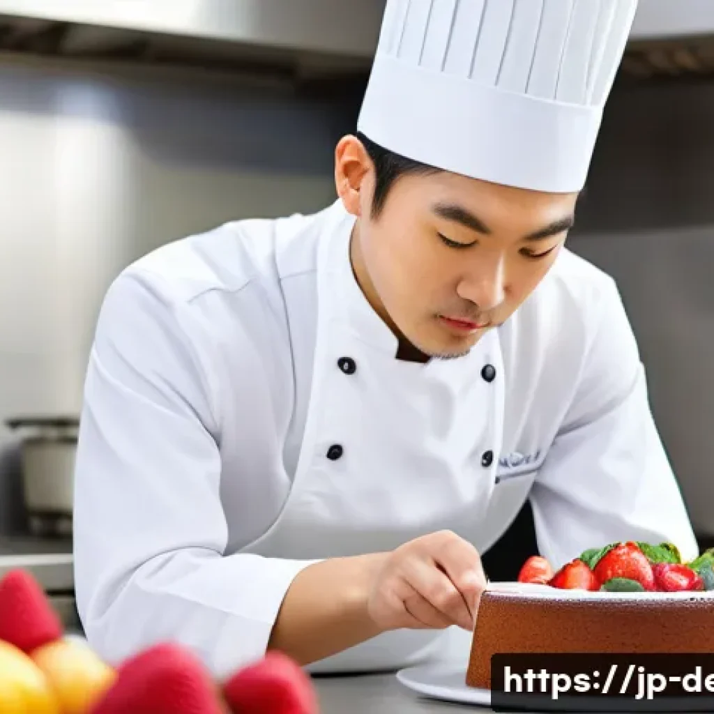 디저트 전문가의 다양한 직업적 선택지 - A skilled Japanese patissier in a modern kitchen, carefully decorating a seasonal fruit cake with de...
