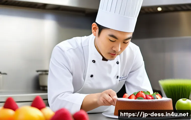 디저트 전문가의 다양한 직업적 선택지 - A skilled Japanese patissier in a modern kitchen, carefully decorating a seasonal fruit cake with de...