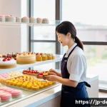 디저트 전문가의 고객 상담 기법 - A modern Japanese dessert shop interior scene featuring a friendly female employee attentively obser...