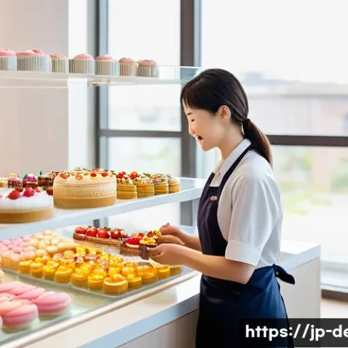 디저트 전문가의 고객 상담 기법 - A modern Japanese dessert shop interior scene featuring a friendly female employee attentively obser...