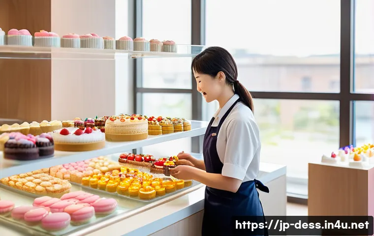 디저트 전문가의 고객 상담 기법 - A modern Japanese dessert shop interior scene featuring a friendly female employee attentively obser...