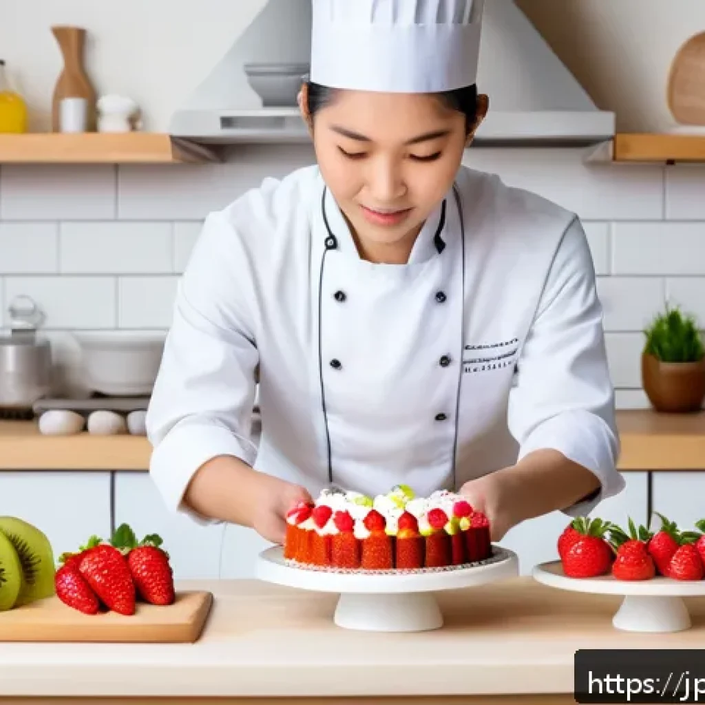 디저트 전문가 실기 시험 준비 요령 - A cozy, well-lit kitchen scene showing a young Japanese pastry chef practicing cake decoration techn...