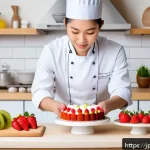 디저트 전문가 실기 시험 준비 요령 - A cozy, well-lit kitchen scene showing a young Japanese pastry chef practicing cake decoration techn...