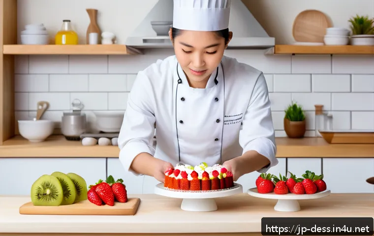 디저트 전문가 실기 시험 준비 요령 - A cozy, well-lit kitchen scene showing a young Japanese pastry chef practicing cake decoration techn...