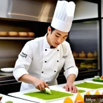 디저트 전문가의 해외 취업 가능성 - A sophisticated dessert workshop scene set in a modern Parisian kitchen, featuring a Japanese pastry...