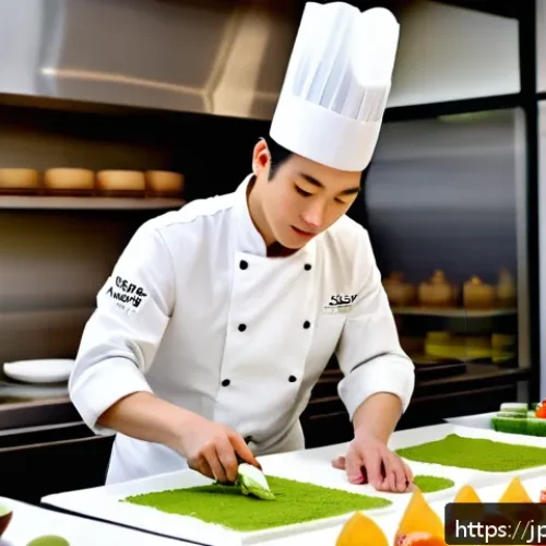 디저트 전문가의 해외 취업 가능성 - A sophisticated dessert workshop scene set in a modern Parisian kitchen, featuring a Japanese pastry...