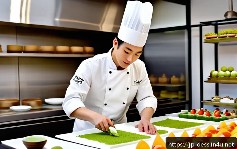 디저트 전문가의 해외 취업 가능성 - A sophisticated dessert workshop scene set in a modern Parisian kitchen, featuring a Japanese pastry...