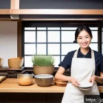 디저트 전문가로 시작하는 파트타임 경력 - A cozy, modern Japanese patisserie kitchen scene with a part-time female pastry chef in casual workw...