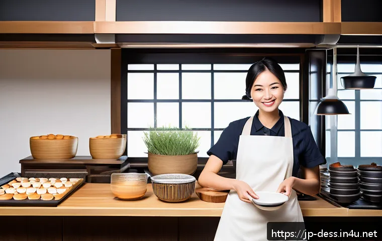 디저트 전문가로 시작하는 파트타임 경력 - A cozy, modern Japanese patisserie kitchen scene with a part-time female pastry chef in casual workw...