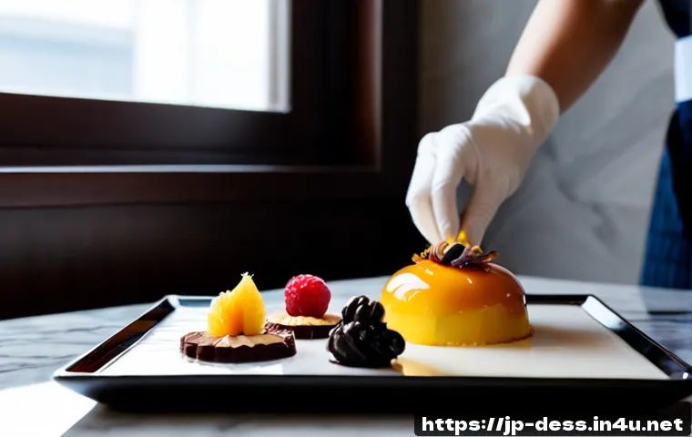 디저트 전문가의 시그니처 디저트 만들기 - Photorealistic signature dessert creation by an expert pastry chef in a refined Japanese-inspired pa...