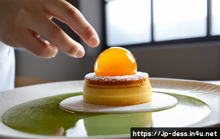 디저트 전문가로서의 감각적 표현력 키우기 - Photorealistic editorial food scene of a Japanese pastry chef carefully plating a refined seasonal d...