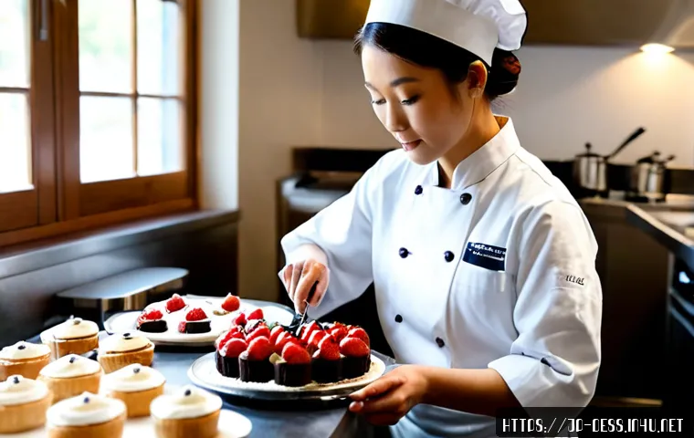 디저트 전문가로 성장하기 위한 멘토링 - Photorealistic mentoring session in an elegant Japanese patisserie kitchen, an experienced dessert c...